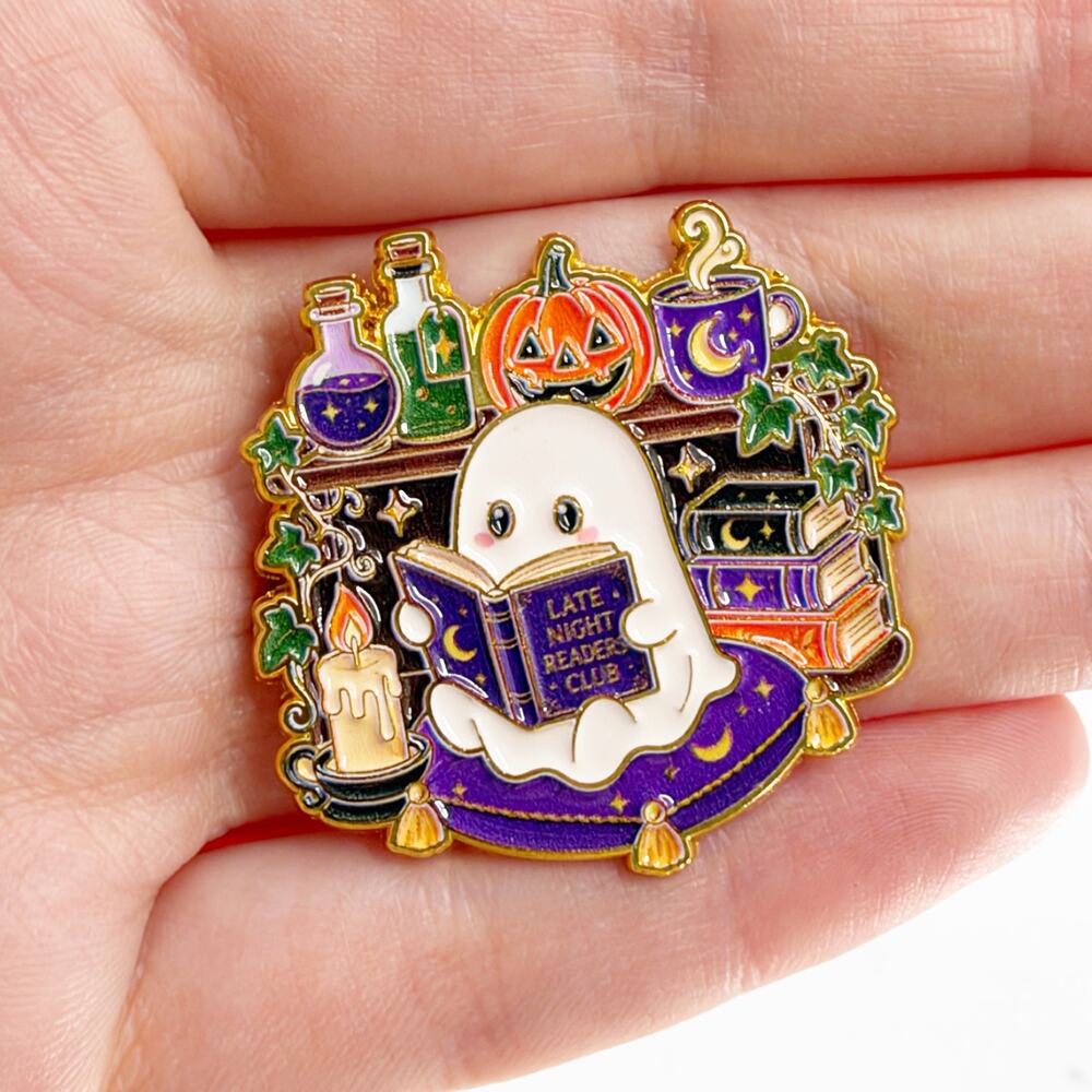 Halloween Ghost Late Night Readers Club Enamel Pin Purple Pumpkin Book